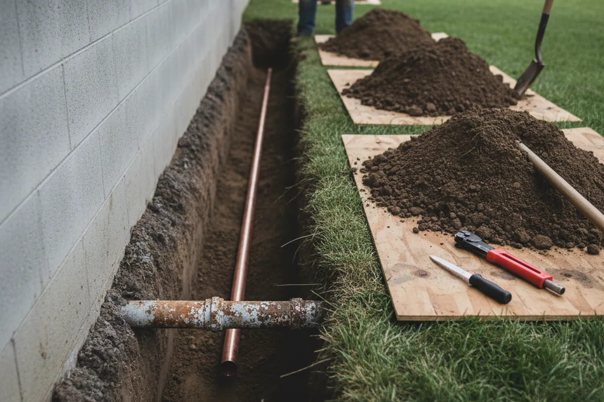 Excavated water line trench during Water Softener Installation in Kenvir